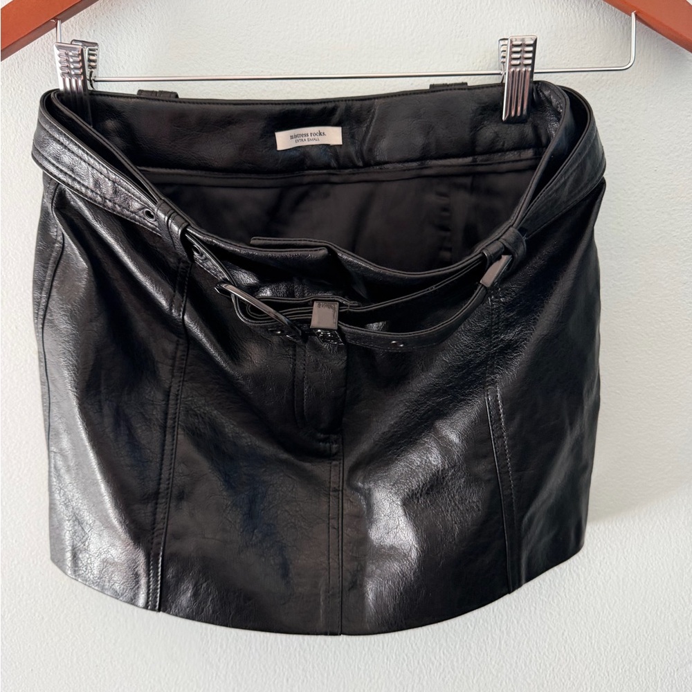 Mistress Rocks Black Vegan Leather Mini Skirt Western Belted Extra Small XS